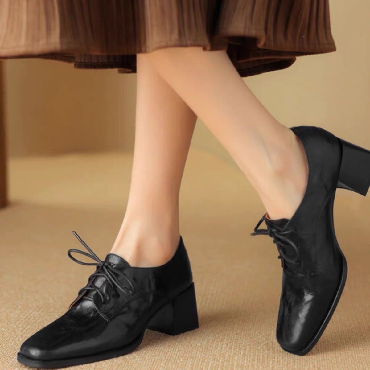 Oxford Lace Up Women - أحذية أوكسفورد نسائية بمقدمة مربعة ورباط،